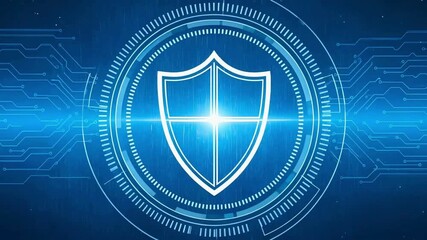 Cyber security shield protecting digital data network with circuit board motion in blue for modern technology and business solutions - Powered by Adobe