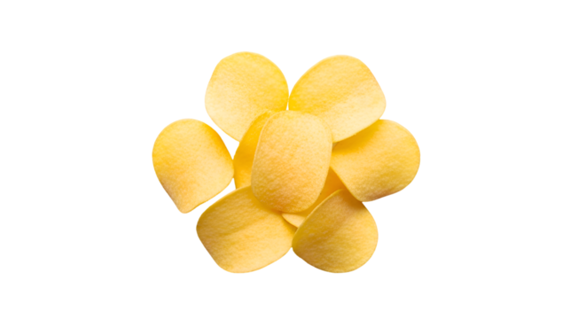 Pile of golden potato chips arranged in a circular pattern on black snack food