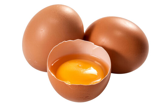 Two Whole Brown Eggs and One Cracked Egg with Yolk