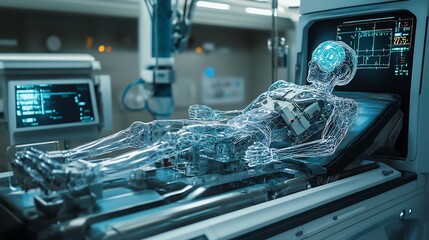 Digital patient lying on hospital bed with futuristic technology around him