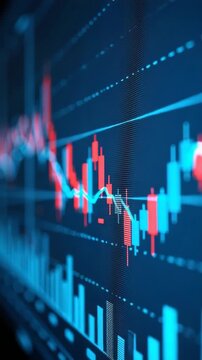Close-up view of digital stock market candlestick chart with data lines and bar graphs on a dark background. Ideal for illustrating finance, trading, and investment concepts.