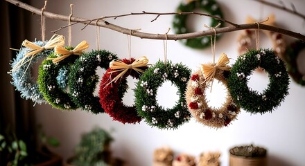 Handmade christmas wreaths with colorful ribbons and natural elements hanging from a rustic branch indoors