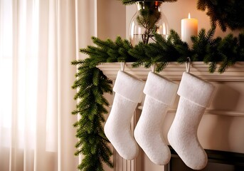 Cozy christmas fireplace mantel decorated with green pine garland and three white stockings hanging illuminated by soft window light and a candle