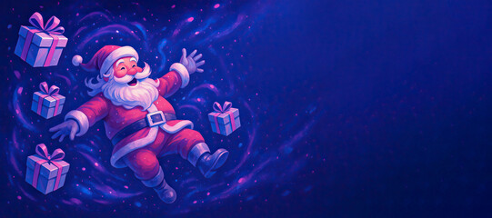 Cheerful Santa Claus floating in space surrounded by presents