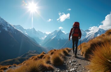 Traveler with big red backpack hikes on mountain trail. Man with trekking pole walks towards snowy peaks, remote valley. Tourist enjoys active adventure journey, exploring beautiful wild nature on