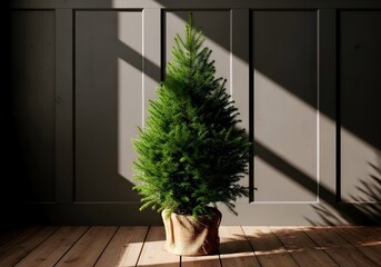 A tall slender evergreen tree in a decorative pot sits on a wooden floor with dramatic sunlight and shadow patterns cast across it