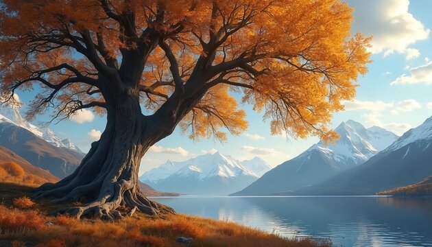 Majestic tree stands beside calm lake reflecting snow-capped mountains at sunset. Autumn foliage creates vibrant scene of tranquility, natural beauty. Serene landscape offers peaceful backdrop for