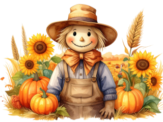 Cheerful Scarecrow with Friendly Face in Sunflower and Pumpkin Field, Autumn Harvest Scene