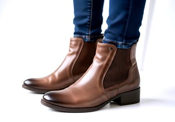 Stylish brown leather chelsea boots worn with dark blue jeans showcasing a fashionable casual outfit against a clean white background