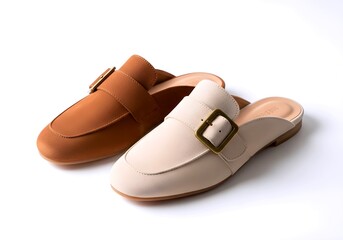 Stylish tan and cream suede mule loafers with buckle detail perfect for casual fashion and comfortable footwear