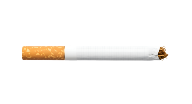 Single unlit cigarette with brown tobacco and orange filter on black smoking
