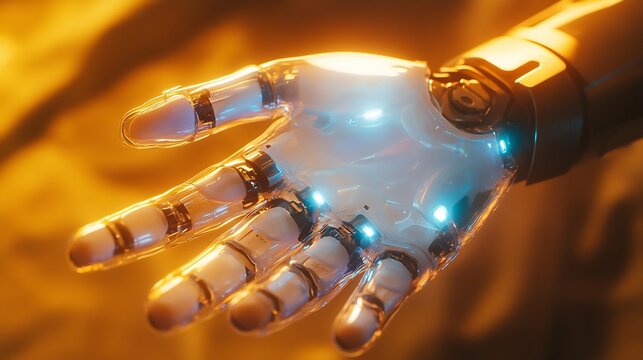Close up of a futuristic robot hand reaching out in a warm, inviting gesture