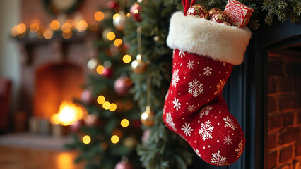 Christmas Stocking: A festive red stocking filled with holiday goodies by the fireplace
