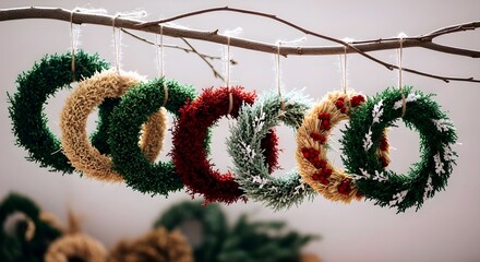 A row of colorful handmade christmas wreaths made of tinsel and pine needles hang from a bare tree branch outdoors