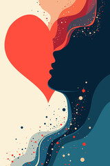 Abstract illustration of a woman’s silhouette merging with a red heart, symbolizing love, passion, and emotion in a modern minimalist art style with soft flowing shapes.