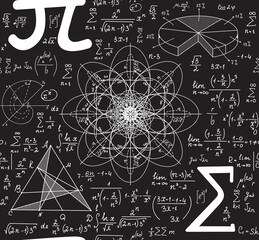 Scientific vector seamless pattern with handwritten figures, plots and math symbols