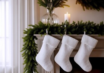 Cozy christmas fireplace decorated with evergreen garland and three white stockings hanging ready for santa claus gifts