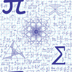 Math educational vector seamless texture with handwritten mathematical formulas, equations and geometry figures, copybook paper