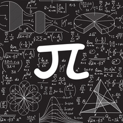 "Back to school" vector seamless pattern with the pi sign and other scientific math and physics formulas and calculations