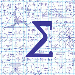 Scientific vector seamless pattern with sigma notation and other math handwritten calculations and formulas, copybook paper