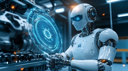 Fototapeta premium A humanoid robot is working with a holographic display in a futuristic factory