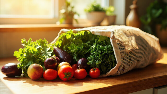 Fresh organic produce in a reusable bag on a wooden countertop - Powered by Adobe