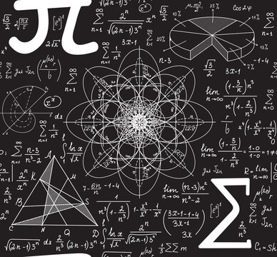 Scientific vector seamless pattern with handwritten figures, plots and math symbols