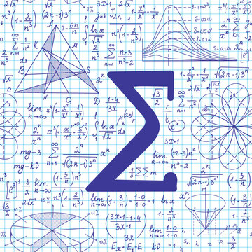 Scientific vector seamless pattern with sigma notation and other math handwritten calculations and formulas, copybook paper