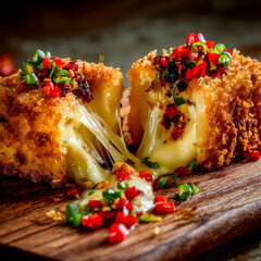 Fried cheese cut open with cheese pull, golden crust, crunchy texture, and chopped red and green chillies