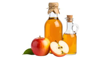 Two glass bottles of amber liquid with apples and a leaf on black apple cider vinegar