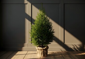 A tall conical evergreen tree in a decorative pot bathed in dramatic sunlight and shadow against a dark wall