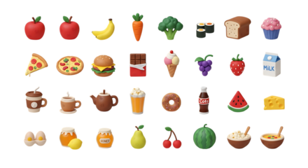 Illustration of various food items including fruits vegetables and sweets for diet and nutrition