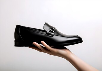 Elegant black leather loafer shoe held in a hand against a clean white background studio shot