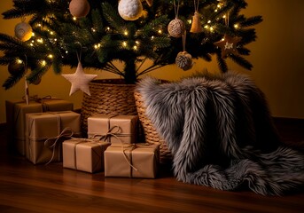 Cozy christmas eve scene with presents under a decorated tree warm lights and a soft blanket on a wooden floor