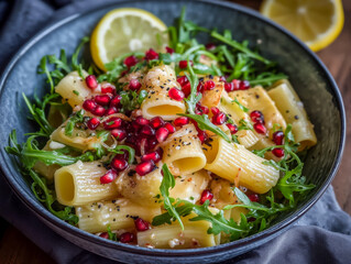 Feta & pomegranate rigatoni with peppery rocket salad and lemon vinaigrette in a Denby bowl
