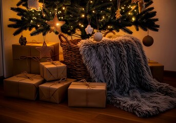 Cozy christmas scene with gifts piled under a decorated tree featuring a warm faux fur throw and woven basket