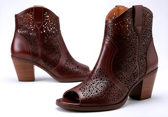 Stylish maroon leather peep toe cowboy ankle boots with intricate laser cut floral patterns and stacked heels on a white background