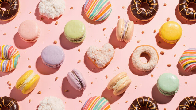 Colorful donuts and macarons on a pink background, overhead shot