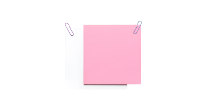 Two square sticky notes one pink one white held by paper clips image