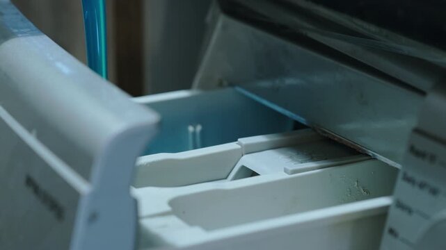 Close-up of hand opening detergent compartment and pouring liquid detergent to washing machine. Daily household routine