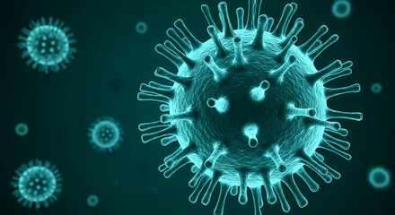 Microscopic view of a virus, symbolizing illness, disease, and infection with a scientific, health-related, and medical focus