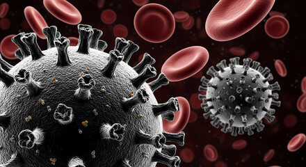 Microscopic 3D rendering of coronavirus particles alongside red blood cells, illustrating viral infection and the human immune response to disease