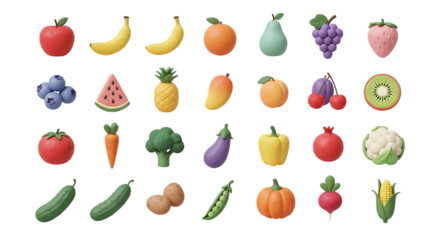 Fruit and vegetable collection fresh food assortment healthy eating diet nutrition organic vegan 3d render