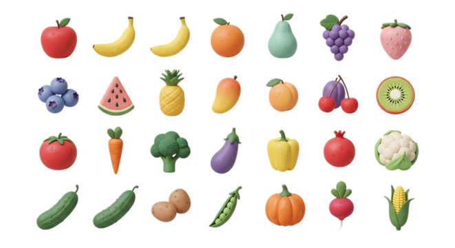 Fruit and vegetable collection fresh food assortment healthy eating diet nutrition organic vegan 3d render