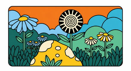 A delightful and unique garden illustration evoking a sense of tranquil wonder, where stylized blossoms and lush greenery create a serene outdoor tapestry of natural beauty and imaginative design