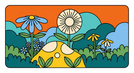 Whimsical Retro Floral Landscape with Abstract Shapes and Vibrant Orange Sky