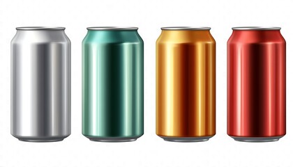 Set of aluminum cans with drinks on white background 