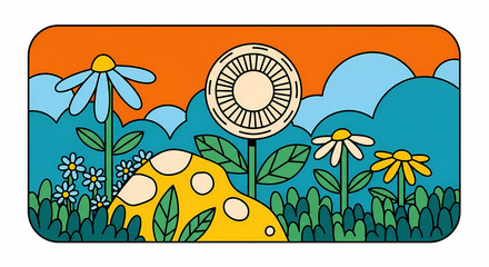 Whimsical floral landscape with a mushroom and daisies under a bright orange sky