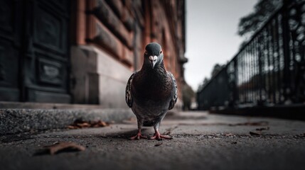 A close-up of a gray pigeon standing on a city sidewalk.