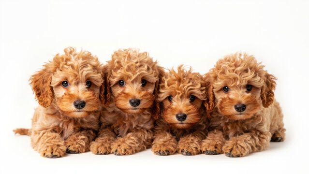 Adorable litter of four Goldendoodle puppies looking at the camera